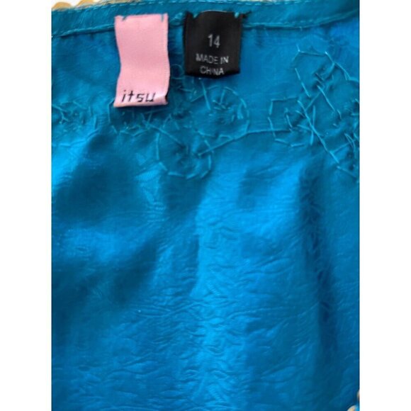 Itsu 14 Teal 100% Silk Textured Beaded Sequin Split Neck Long Bell Sleeve Top - Picture 6 of 6
